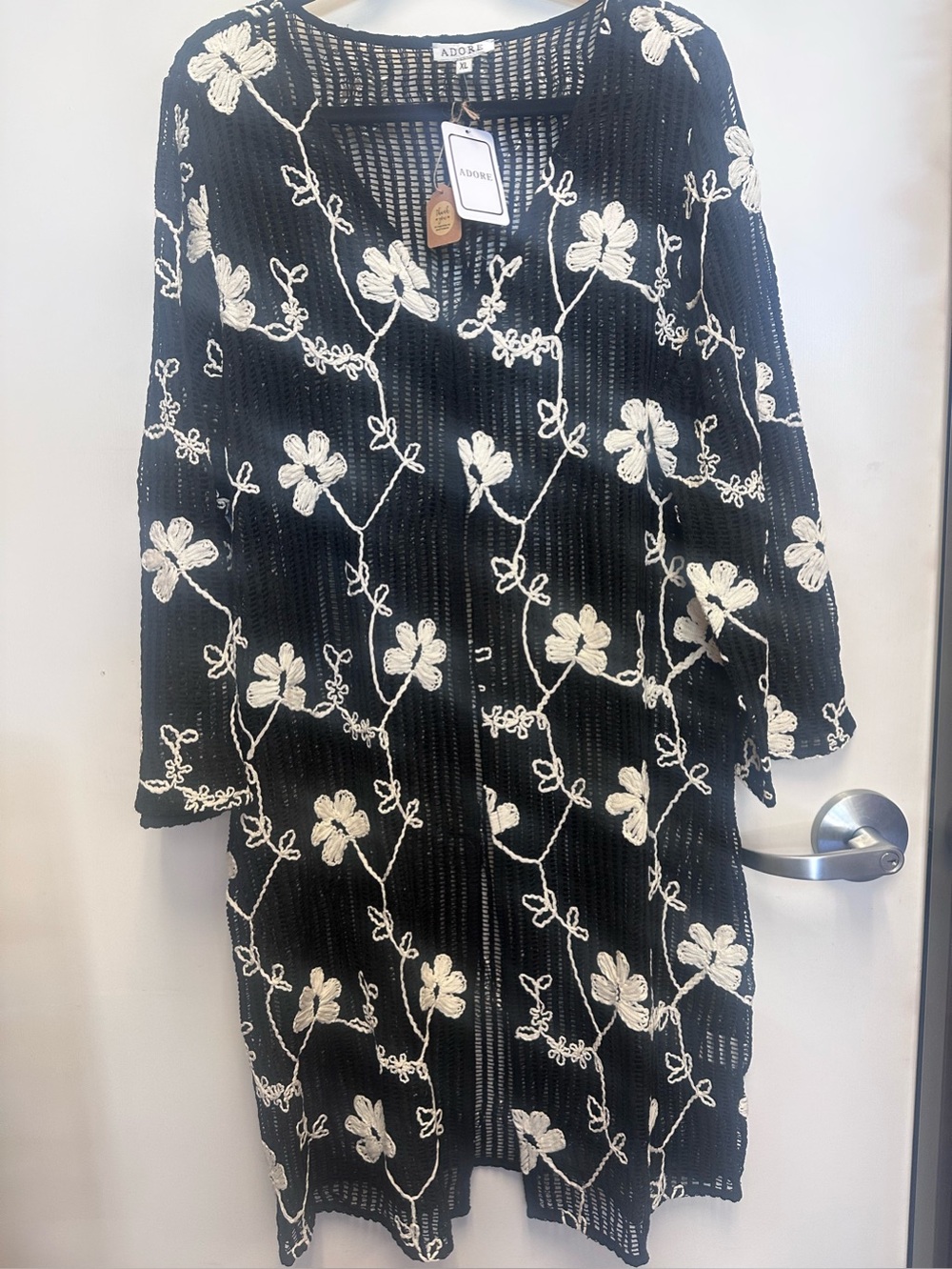 Adore Black Knit Open-Weave Cardigan with Cream Accents